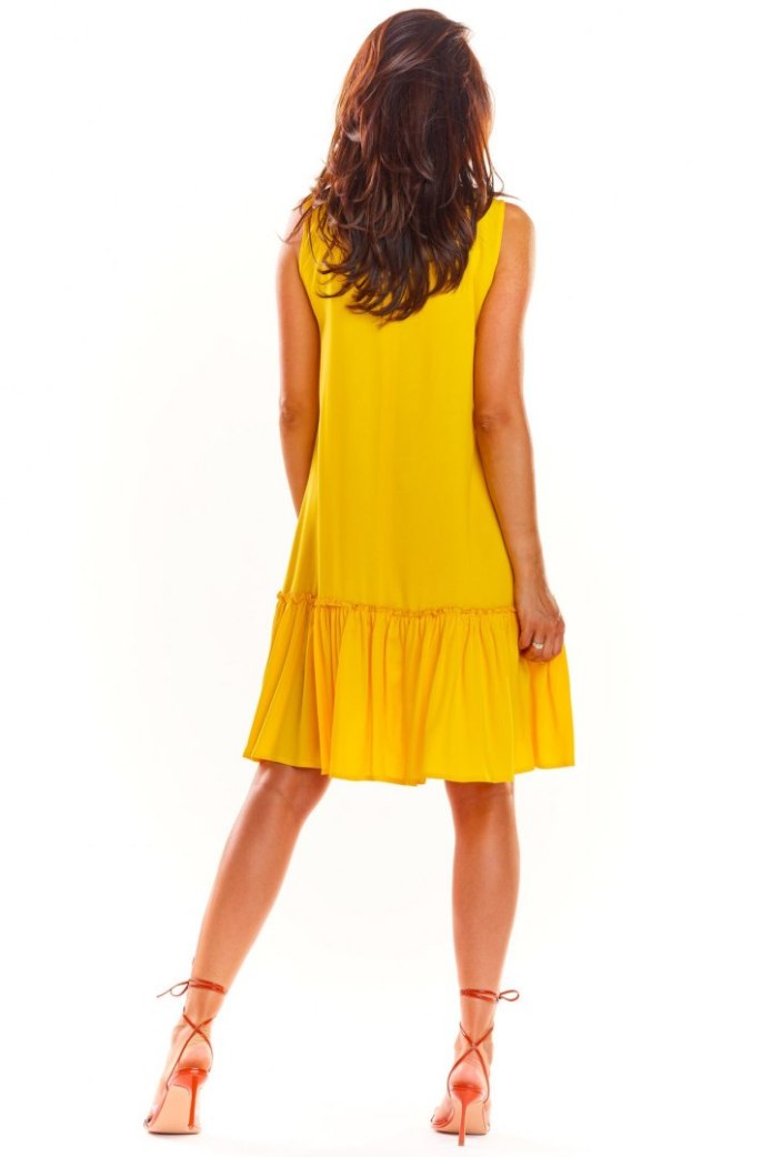 Sukienka Trapezowa Mini Z Wiskozy Na Ramiączkach Dekolt V - żółta